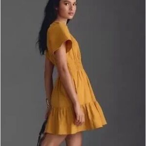 Anthropologie Somerset Tiered Corduroy Mustard Yellow Mini Dress Size XS